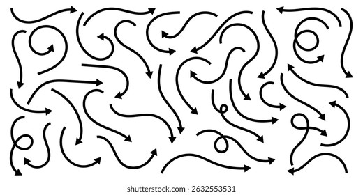Black arrow doodle element set, isolated on white background