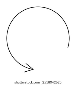 Flecha negra formando un semicírculo con un extremo puntiagudo, en líneas simples y limpias. Ideal para diseño, conceptos de rotación, ilustración de procesos, diagramas de flujo de trabajo y movimiento. Estilo de Vector simple.