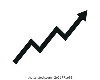 Black arrow graph going up consistently represents trading profit, business growth, economic boom, and financial surplus. Simple vector illustration symbol design. 