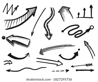 Black arrow. Hand drawn diagram arrow icon vector set isolated on white. Grunge pencil sketch doodle infographic design element. Curve and straight way pointer, aiming or growing symbol illustration