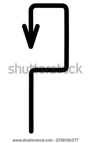 Black arrow - hook. Sketch. Direction of the curly arrow at a right angle to detour and down. Hand drawn sign. Vector illustration. Outline on an isolated white background. Doodle style. 