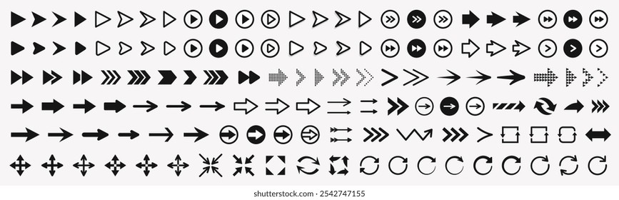 Conjunto grande del icono de la flecha negra aislado en fondo. Cursor, Botón de Web moderno simple, logotipo, signo, colección de navegación. Ilustración de flechas de Vector