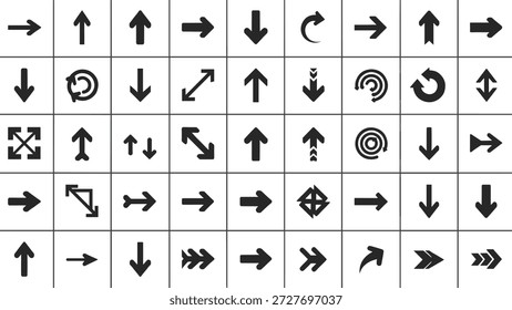 Colección de ícono de flecha negra, símbolos de navegación de punteros de dirección, gráficos de cursor minimalistas, Elementos de orientación de interfaz geométrica, varios Vectores de signos de movimiento.