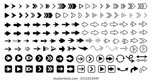 Black arrow icon collection set. Direction symbols. Bold, thin, straight, curved, pointed, circle, square and halftone dots or borders. Vector illustration.