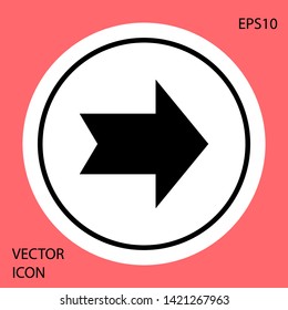 Black Arrow icon isolated on red background. Direction Arrowhead symbol. Navigation pointer sign. White circle button. Vector Illustration