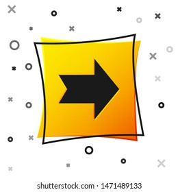 Black Arrow icon isolated on white background. Direction Arrowhead symbol. Navigation pointer sign. Yellow square button. Vector Illustration