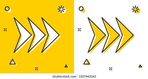Black Arrow icon isolated on yellow and white background. Direction Arrowhead symbol. Navigation pointer sign. Random dynamic shapes. Vector Illustration