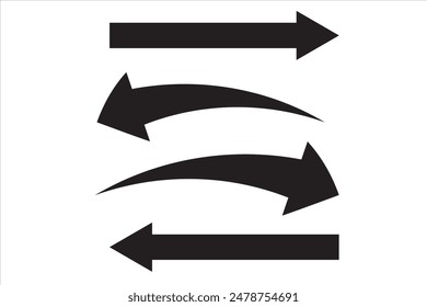 Icono de flecha negra aislado sobre fondo blanco. Horizontales signos de flecha derecha, izquierda y derecha. La flecha indica el símbolo de dirección. Vector de icono de flecha recta y curva. 