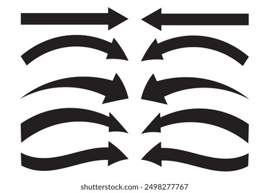 Icono de flecha negro aislado sobre fondo blanco. Signos de flecha Horizontales de doble largo recto, derecho e izquierdo. La flecha indicaba el símbolo de dirección. Vector de icono de flecha curva y recta.