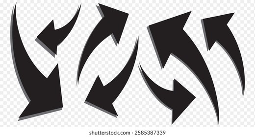 Black arrow icon on transparent background. Flat style arrow icon for your website, design, logo, app, UI., curved arrow sign.