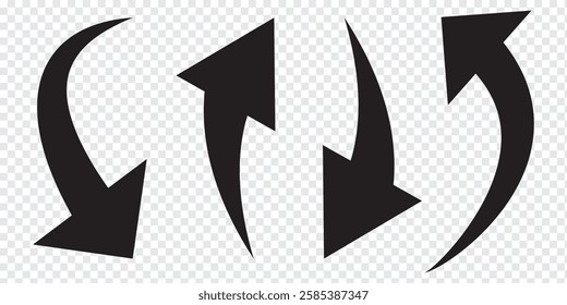 Black arrow icon on transparent background. Flat style arrow icon for your website, design, logo, app, UI., curved arrow sign.