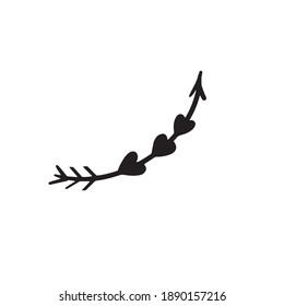 black arrow icon on a white background. With hearts, dots. Flat style. arrow icon for your website design, logo, app, ui. the arrow points to the direction symbol. curved arrow.