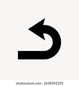 Black arrow icon on white background. Arrow curves left, indicating direction. Simple design, clear shape, bold arrow style. Shape element vector.