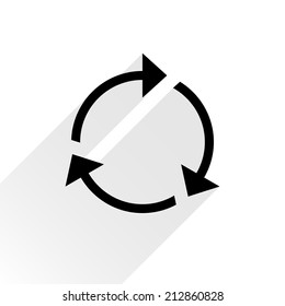 Black arrow icon reload, refresh, rotation, reset, repeat sign 04. Web pictogram with gray long shadow on white background. Simple, solid, plain, flat style. Vector illustration graphic design 8 eps