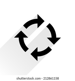 Black arrow icon reload, refresh, rotation, reset, repeat sign 10. Web pictogram with gray long shadow on white background. Simple, solid, plain, flat style. Vector illustration graphic design 8 eps