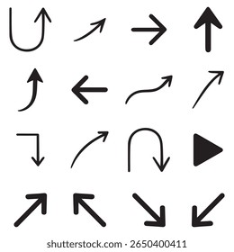 Symbol für schwarzen Pfeil. Abstraktes Koordinatendesign mit einzelnen Elementen auf weißem Hintergrund. Cursor-Pfeilsymbol. EPS, Vektorgrafik. Doodle Icon Design. Einfaches und elegantes Design. 