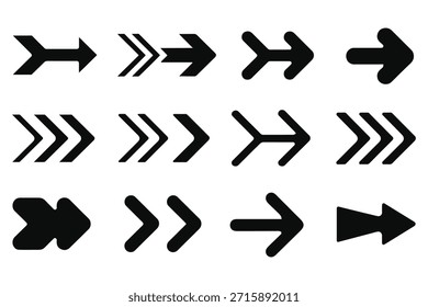 Black Arrow Icon Set Collection, Right Direction Navigation Symbols