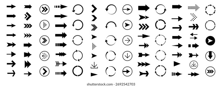 Conjunto de ícones de Seta Preta. Seta, Cursor. Coleção de diferentes setas sinal. Setas simples modernas. Setas diferentes em estilo plano para design ou interface da Web. Ilustração vetorial.