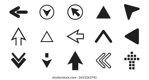 Black Arrow icon set. Direction sign pointers symbol. Abstract arrowhead background. Eps vector elements flat design. Circle arrow go choice style. Arrows, icons, and sign art design. 