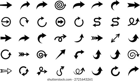 Black arrow icon set with diverse styles, directions, and embellishments for UI, infographic, and vector design projects