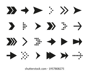 Black arrow icon set. Flat and dotted modern pointer cursor. Line navigation sign graphic symbol up, left, right, down. Infographic element, interface player, app Isolated on white vector illustration