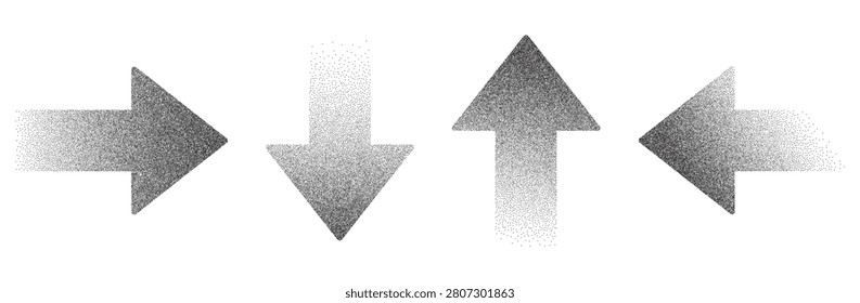 Black arrow icon set. Grain airbrush gradients, noisy spray texture movement elements. Navigation y2k shapes, directional symbols pointing left, right, up, down for stickers, tattoos.