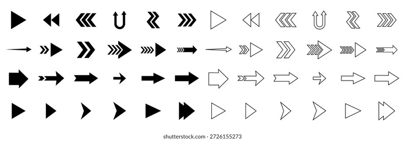 Black arrow icon set with modern simple vector arrows. Collection of different black direction arrows and cursor pointers pointing right and multiple directions. Clean silhouette arrow symbols ideal for web design, UI, app interfaces, infographics, presentations, signage, and graphic projects.