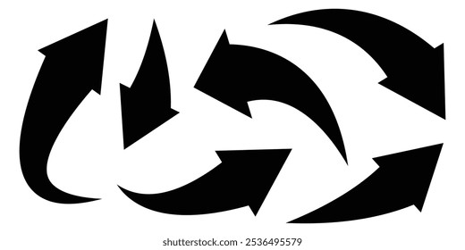 Ilustración vectorial de icono de flecha negra. Iconos de flecha curvada.  Flecha curva que apunta a la derecha, izquierda, arriba y abajo sobre fondo blanco eps 10.