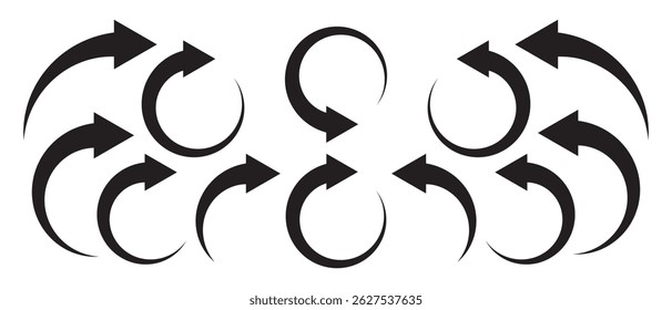 Black arrow icon vector set. Curve arrows isolated on white background. Rounded circle arrows icon set in different shape. Recycle icon set, refresh, repeat, Vector illustration.