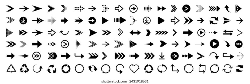 Black arrow icons. Arrows set vector icons. Arrow collection .Simple cursor sign .Curved and Right arrow. Click buttons . Pointer symbol .	