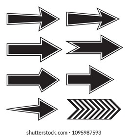 Black arrow icons set. Different shape concept, internet button isolated on white background, graphic design. Vector illustration.