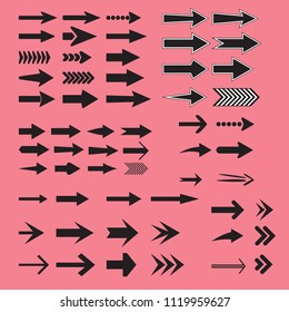 Black arrow icons set. Different shape concept, internet button isolated on white background, arrow graphic design. Vector illustration.