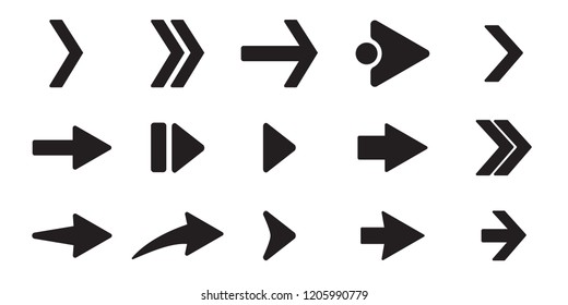 Black arrow icons set. Different shape concept, internet button isolated on white background, graphic design. Flat arrow signs. Vector illustration isolated on white background
