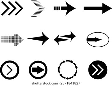"Black arrow icons set featuring various styles, including dotted, circular, bold, and outlined designs. Ideal for navigation, infographics, graphic design, and creative projects."