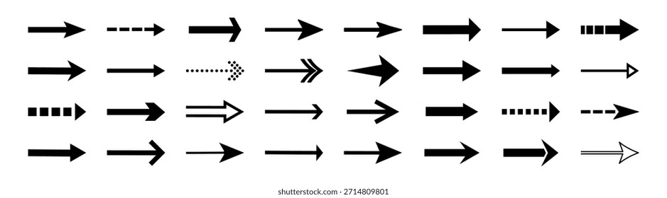 Conjunto de iconos de flecha negra. Ilustración vectorial direccional simple de los punteros aislada en fondo transparente