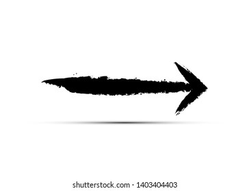 Black arrow isolated on white background. Grunge brush Stroke style with shadow, vector logo icon speed concept