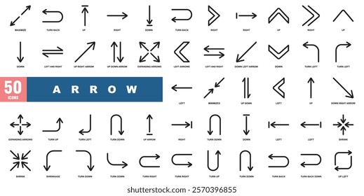 Black arrow line icon, several images of pointing arrows