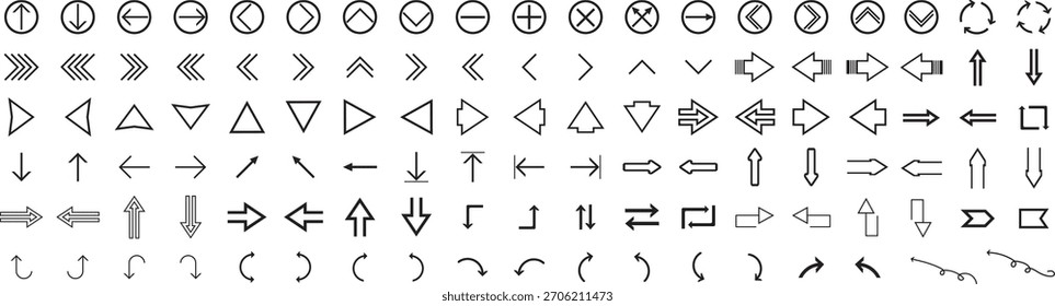 Black Arrow Line Arrow vector icon set in thin line style. different cursor arrow direction symbols in flat style. Black arrows icons	