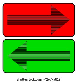 Black arrow on red background. Black arrow on green background. Vector illustration.