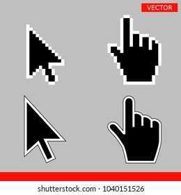 Conjunto de iconos de flecha negra y cursor de mano. Pixel y versión moderna de los signos cursores. Símbolos de dirección y toque los enlaces y pulse los botones. Aislado en ilustración vectorial de fondo gris