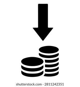 A black arrow pointing downward over stacked coins representing financial decrease or investment decline.