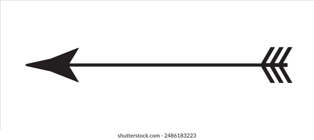 A black arrow pointing to the left . The arrow is long and thin. It is the only object in the image .