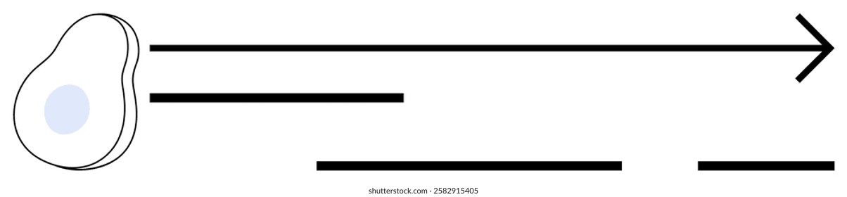 Black arrow pointing right with a circular and irregular-shaped starting point. Minimalist, abstract layout. Ideal for process planning, direction indication, simple diagrams, instructional