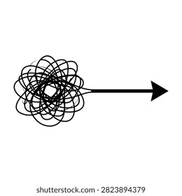 Black arrow pointing right emerging from a tangled scribble on white background. Symbolizes finding a solution, clarity, breakthrough, direction and overcoming confusion.
