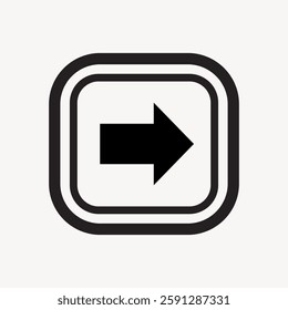 Black arrow pointing right inside a square border. Simple arrow icon for navigation. Arrow symbol in black and white. Right arrow for direction. Isolated vector element.