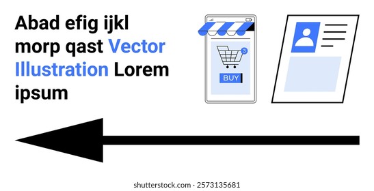 Black arrow pointing right next to sample text, mobile shopping cart, and profile card. Ideal for e-commerce, digital marketing, user profile management, mobile apps, online identity. Banner