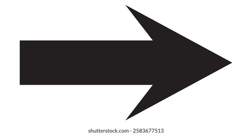 Black arrow pointing right on white background. Long arrow. Black large arrow. Bold thine long arrow. 