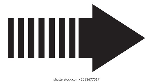 Black arrow pointing right on white background. Long arrow. Black large arrow. Bold thine long arrow. 