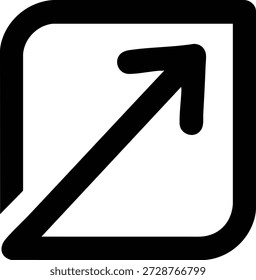 Flecha negra que apunta hacia arriba y hacia la derecha en un icono simple cuadrado
