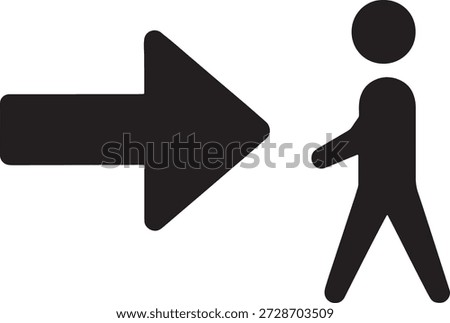 Black arrow pointing right with a walking person icon isolated on a transparent background